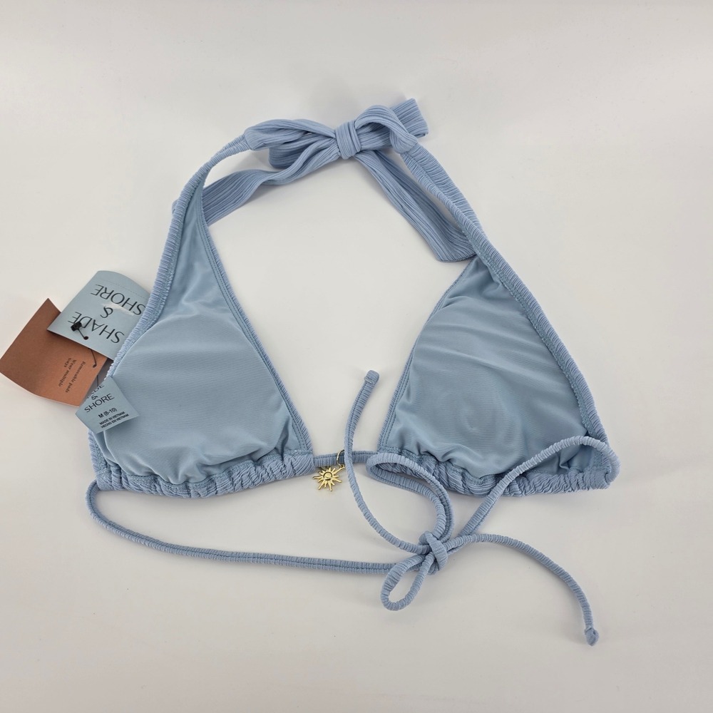 Shade & Shore Blue Ribbed Triangle Halter Bikini Top Sun Charm NWT M 8-10 (707) - Picture 2 of 5